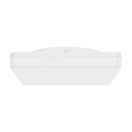 Side view of the Castagneto square LED ceiling panel light, 26 x 26cm, with rounded corners, white plastic body and central control button, shown on a plain background.