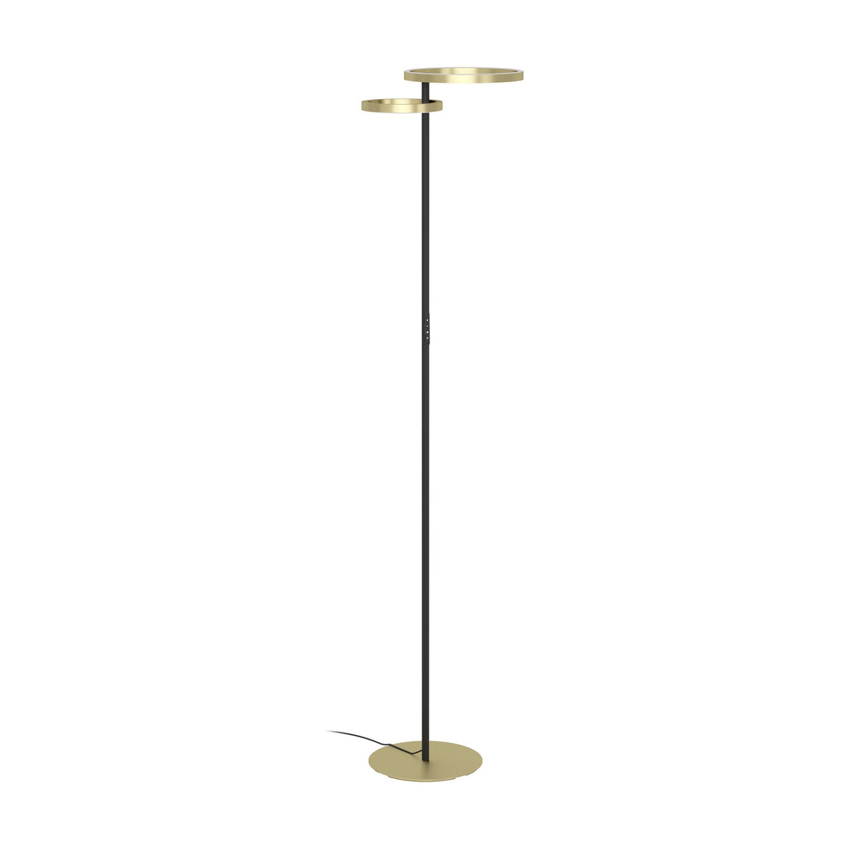 Castelpoto 1 LED floor lamp with two brushed brass rings at different heights atop a slim black stem, set on a round brushed brass base, shown against a plain white background.