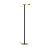 Castelpoto 1 LED floor lamp with two brushed brass rings at different heights atop a slim black stem, set on a round brushed brass base, shown against a plain white background.