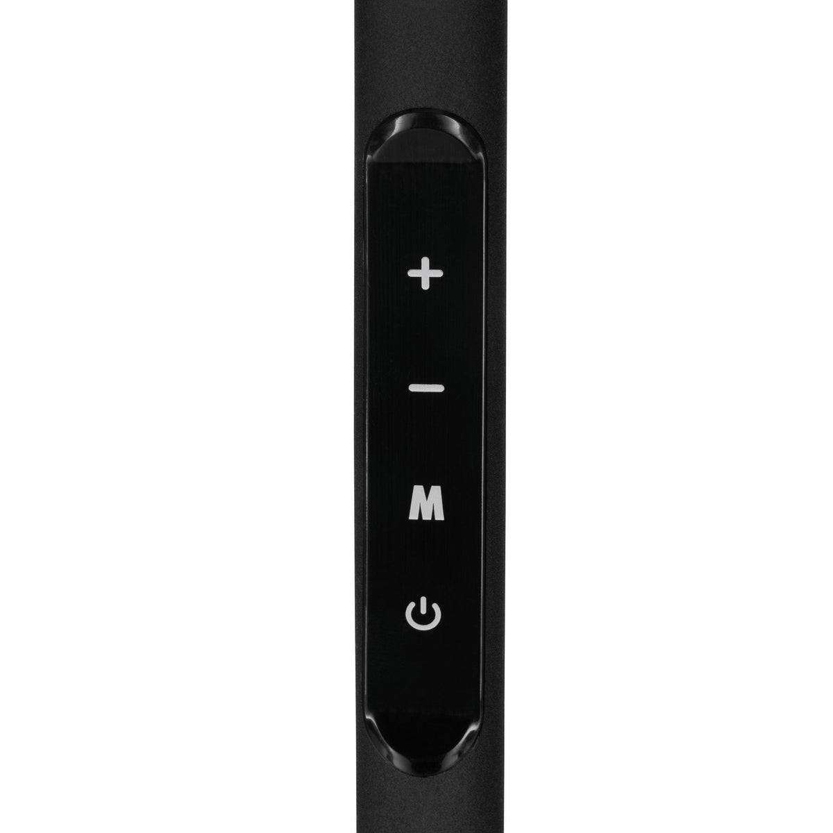Close-up of the Castelpoto LED floor lamp's black control panel on the stem, with touch icons for plus, minus, M, and power.