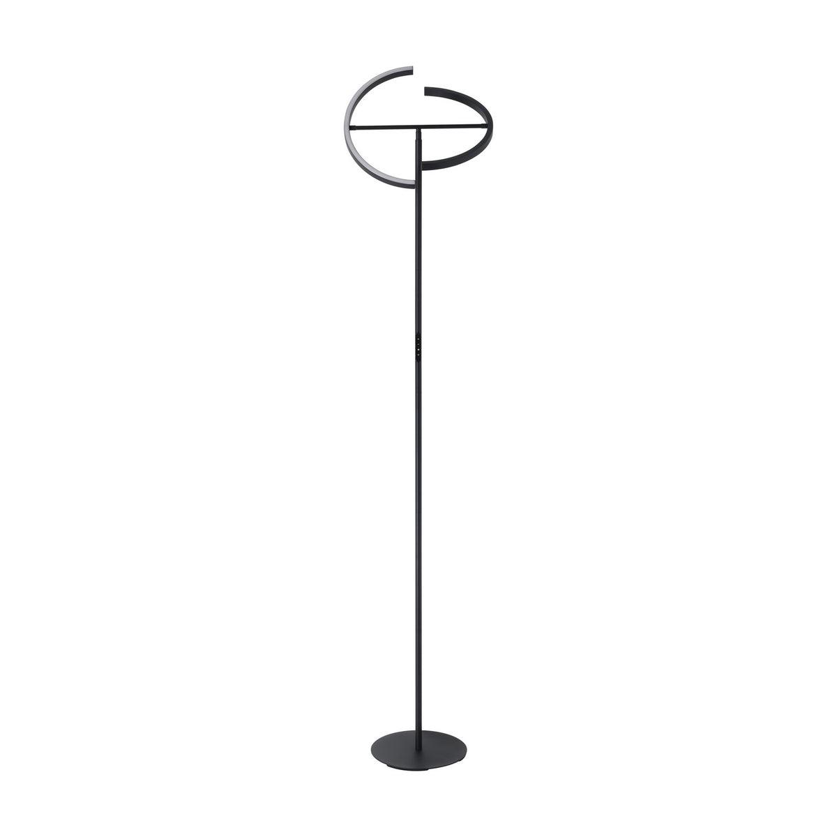 Castelpoto LED floor lamp in black steel with a tall slim stem, round base, and an angled ring of light split into two open arcs, shown on a plain white background.