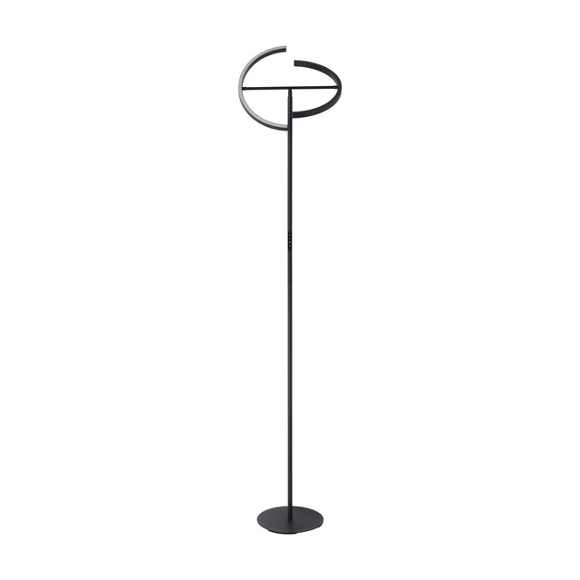 Castelpoto LED floor lamp in black steel with a tall slim stem, round base, and an angled ring of light split into two open arcs, shown on a plain white background.