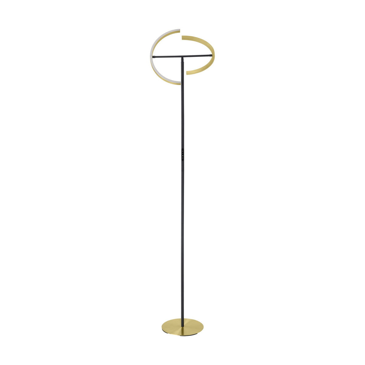 Castelpoto LED floor lamp with a slim black steel stem, split ring head in brushed brass with white diffusers, and round brushed brass base, shown against a plain white background.