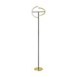 Castelpoto LED floor lamp with a slim black steel stem, split ring head in brushed brass with white diffusers, and round brushed brass base, shown against a plain white background.