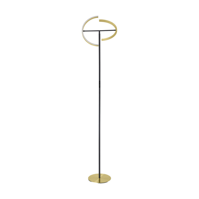 Castelpoto LED floor lamp with a slim black steel stem, split ring head in brushed brass with white diffusers, and round brushed brass base, shown against a plain white background.