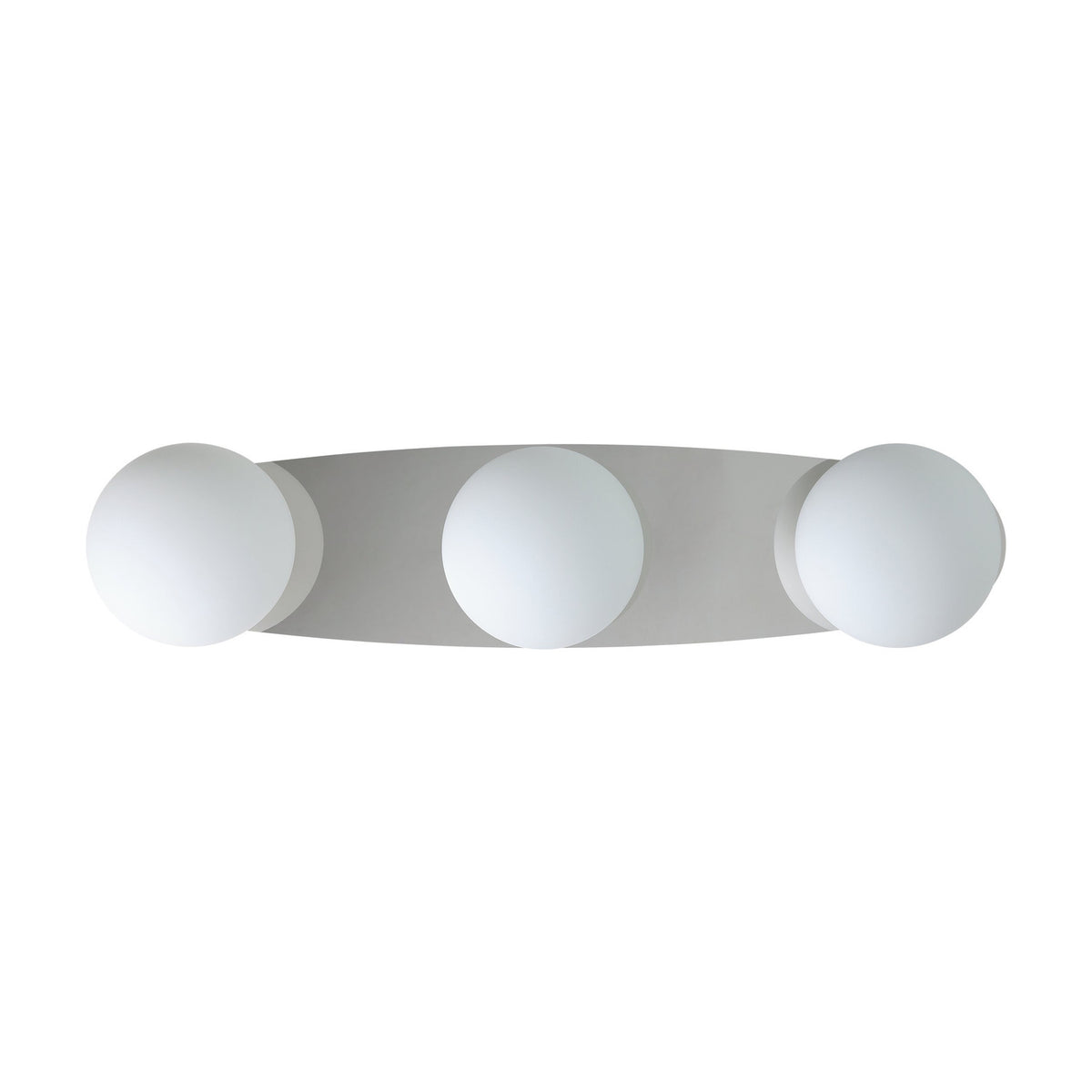 Castrovido 3 Light Bathroom Ceiling Light in chrome, long oval steel plate holding three matt opal glass globes in chrome cups, shown on a plain white background.