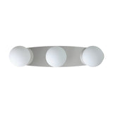 Castrovido 3 Light Bathroom Ceiling Light in chrome, long oval steel plate holding three matt opal glass globes in chrome cups, shown on a plain white background.