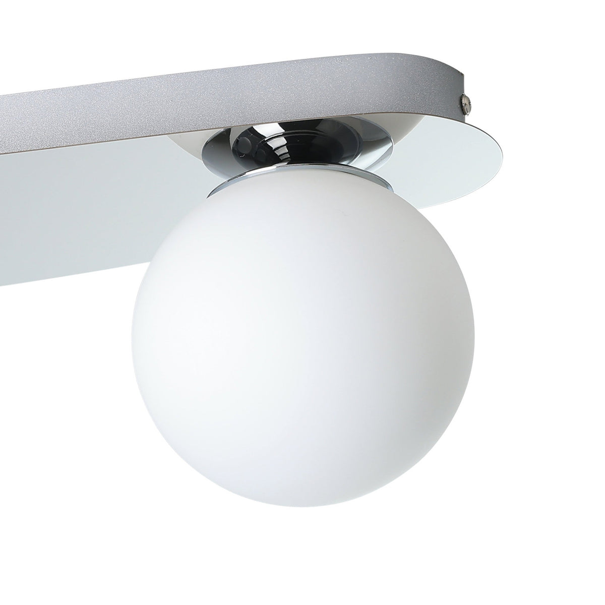 Close-up of the Castrovido 3 Light Bathroom Ceiling Light in chrome, showing an oval steel plate with one opal glass globe held in a polished chrome cup, set against a plain white background.