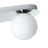 Close-up of the Castrovido 3 Light Bathroom Ceiling Light in chrome, showing an oval steel plate with one opal glass globe held in a polished chrome cup, set against a plain white background.