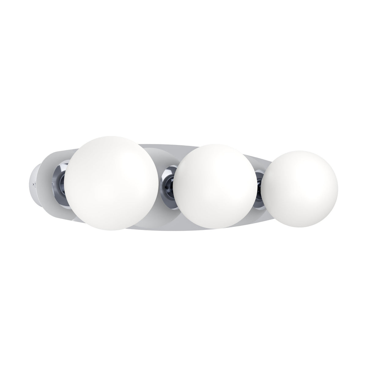 Castrovido 3 Light Bathroom Ceiling Light in chrome, an elongated oval steel plate holding three matt opal glass globes in polished chrome cups, shown on a plain white background.