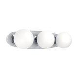 Castrovido 3 Light Bathroom Ceiling Light in chrome, an elongated oval steel plate holding three matt opal glass globes in polished chrome cups, shown on a plain white background.