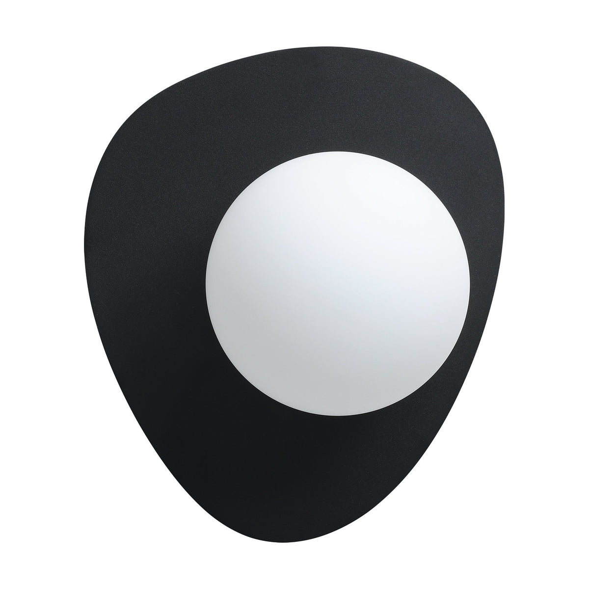 Castrovido Bathroom Wall Light in black with a pebble-shaped steel backplate and an off-centre matt opal glass globe, shown on a plain white background.