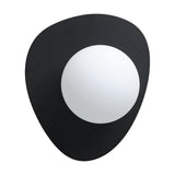 Castrovido Bathroom Wall Light in black with a pebble-shaped steel backplate and an off-centre matt opal glass globe, shown on a plain white background.