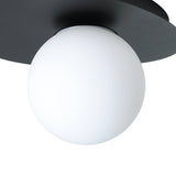 Castrovido Bathroom Wall Light in black steel with a pebble-shaped backplate and single off-centre matt opal glass globe, G9 fitting, shown close-up on a plain background.