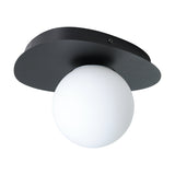 Castrovido Bathroom Wall Light in black steel with a pebble-shaped backplate and an off-centre matt opal glass globe, shown on a plain white background.