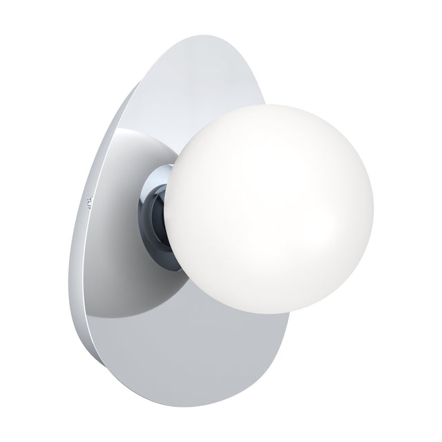 Castrovido bathroom wall light with a pebble-shaped chrome backplate and round matt opal glass globe shade on a short chrome holder, set against a plain white background.