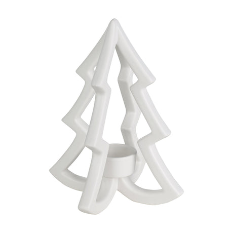 Catacol white ceramic candle holder shaped as an open-outline Christmas tree with zigzag branches and a round tealight cup at its base, shown on a plain white background.