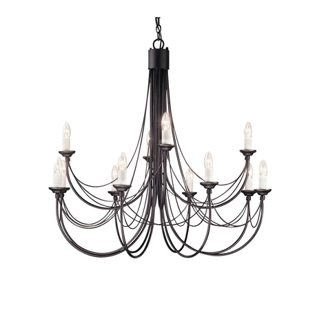 Introducing the Carisbrooke 12 Light Chandelier in Black, this stunning piece features twelve candle-shaped lights arranged in two elegant tiers. Hanging gracefully from a chain, its design combines sleek, curved arms with a simple yet sophisticated structure, perfectly merging traditional charm with a touch of dramatic flair.