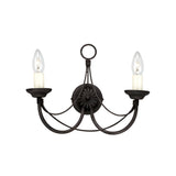 The Carisbrooke 2 Light Wall Light - Black embodies vintage elegance with its Gothic-inspired design. It showcases two candle-shaped bulbs, gracefully curved metal arms, a circular base, and an ornamental loop at the top, all contrasted against a pristine white background.