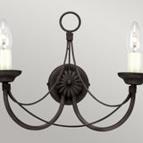 The Carisbrooke 2 Light Wall Light - Black is a vintage-style sconce that exudes charm with its flower-shaped central base. It has two curved arms holding candle-like bulbs in a dark metal construction, finished with a circular detail against a plain background.