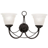 The Carisbrooke 2 Light Wall Light - Black exudes vintage charm with its black metal frame and elegant white bell-shaped glass shades. This Gothic-inspired lighting piece features intricately curved arms and a central circular base adorned with a decorative floral pattern, perfect for adding elegance to any space.