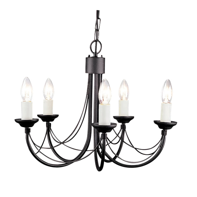 Introducing the Carisbrooke 5 Light Chandelier in Black, featuring a Gothic-inspired design with five candle-shaped light bulbs on gracefully upward curving, candelabra-style arms. This fixture exudes a simple and elegant aesthetic with vintage appeal, making it an ideal addition to dining rooms or entryways.