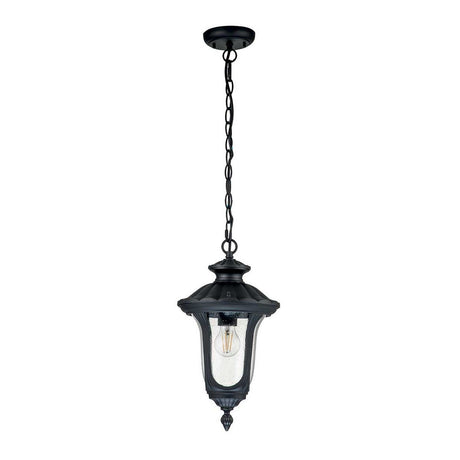 The Chicago Outdoor 1 Light Small Chain Pendant in black features a clear glass enclosure and a visible bulb, suspended by a chain. Its vintage design offers classic elegance, making it ideal for exterior lighting.