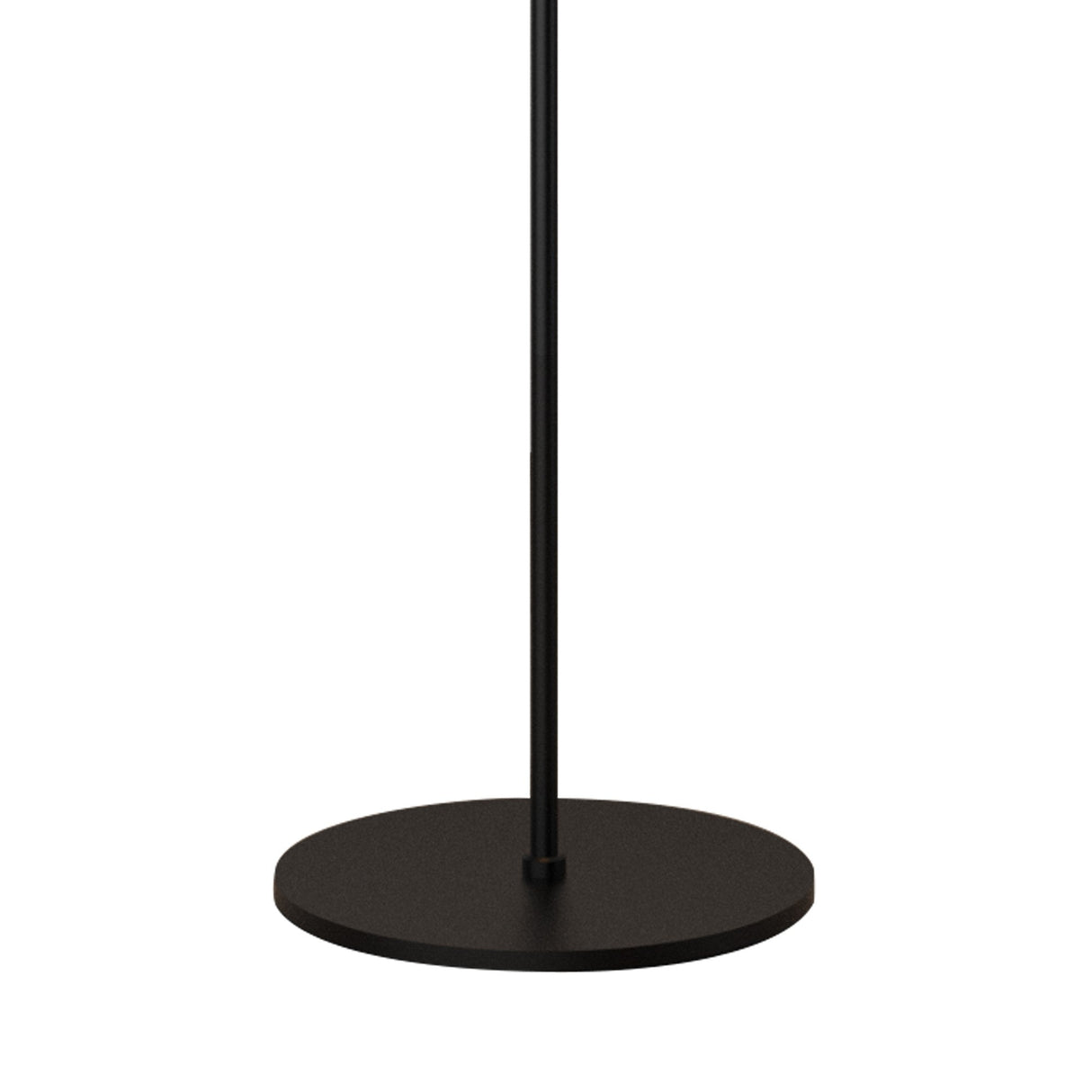 A close-up of the Cellar LED Floor Lamp 5W 4000K - Black shows its circular metal base and sleek vertical pole, highlighting the minimalist elegance of this modern floor lamp against a white background.