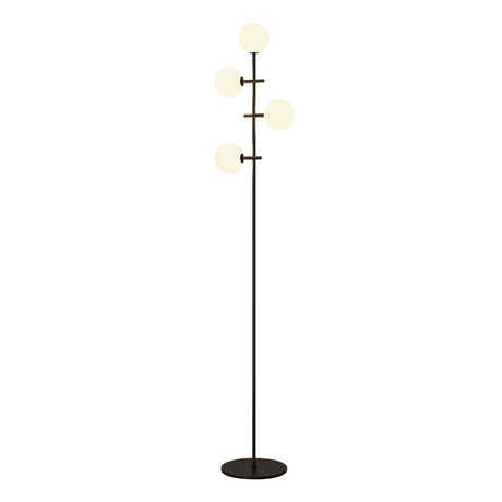 The Cellar LED Floor Lamp 5W 3000K in black features a slim stand with four asymmetrically arranged white glass globes, offering modern style and dimmable, elegant lighting ideal for any space.