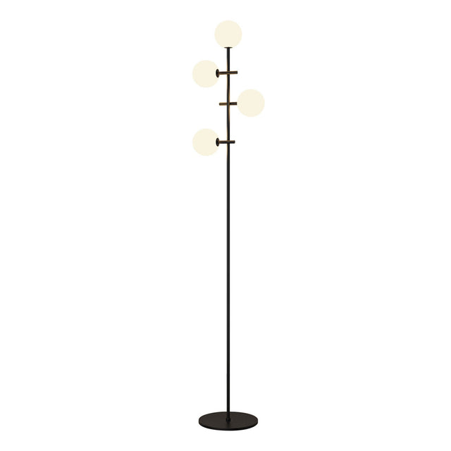 The Cellar LED Floor Lamp 5W 3000K in black features a slim stand with four asymmetrically arranged white glass globes, offering modern style and dimmable, elegant lighting ideal for any space.