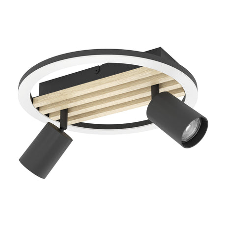Cembrano LED 2-light flush ceiling light with round black steel frame, white glowing outer ring, wood slatted centre bar, and two adjustable black spotlights.