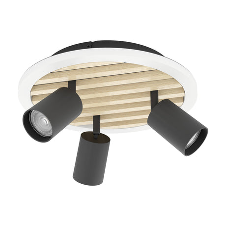 Cembrano LED 3 Light Flush Ceiling Light with black spot heads on a round natural wood slat panel, framed by a white ring, shown on a plain white background.