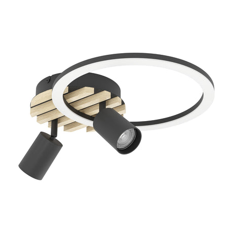 Cembrano LED flush ceiling light with a black-framed white ring and two adjustable spotlights on a round natural wood slat and black steel base, shown on a plain white background.