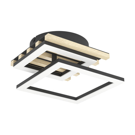Cembrano LED Flush Ceiling Light 34cm with two offset square frames, black outlines around white diffusers, natural wood slats and black steel body, on a plain white background.