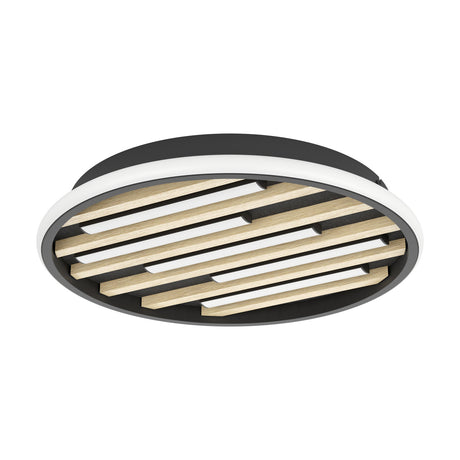 Cembrano LED flush ceiling light, 38.5cm round fixture with black outer rim and white diffuser ring, diagonal natural wood slats over black felt backing, on a plain white background.