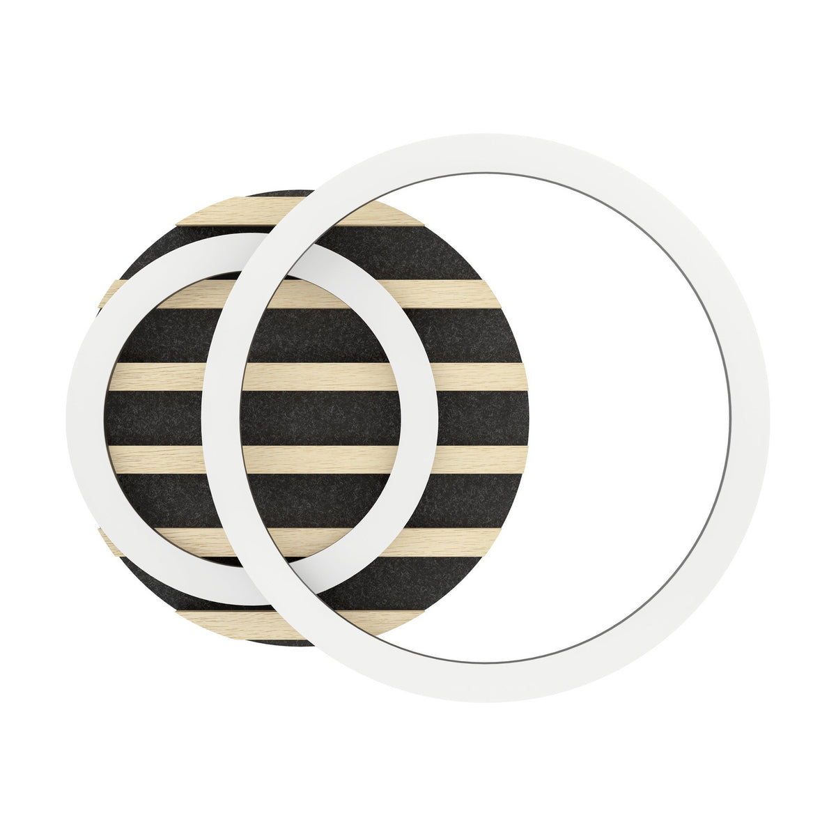 Cembrano LED Flush Ceiling Light 41cm in black and natural, showing two overlapping white ring shades over a black base with pale wood slats, set on a plain white background.