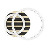 Cembrano LED Flush Ceiling Light 41cm in black and natural, showing two overlapping white ring shades over a black base with pale wood slats, set on a plain white background.