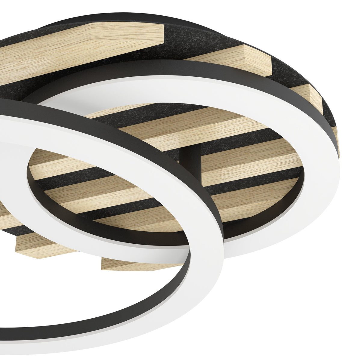 Close-up of the Cembrano LED flush ceiling light, 41cm, showing overlapping white-shaded rings over a black base with natural wood slats, finished in black, natural wood and steel.