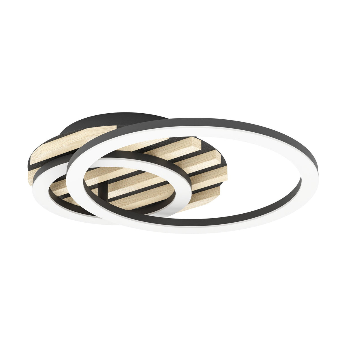 Cembrano LED flush ceiling light, 41cm, with two overlapping white-lit rings in front of a round black base lined with pale wood slats, set on a plain white background.