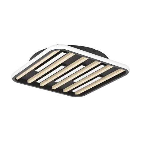 Cembrano LED flush ceiling light, square black frame with natural wood-tone slats over dark felt, staggered white LED strips and rounded white edge band, shown on a plain white background.