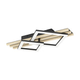 Cembrano LED flush ceiling light in black and natural wood, 50 x 8cm, with slatted wood and felt base and two offset square white diffuser frames, shown on a plain white background.