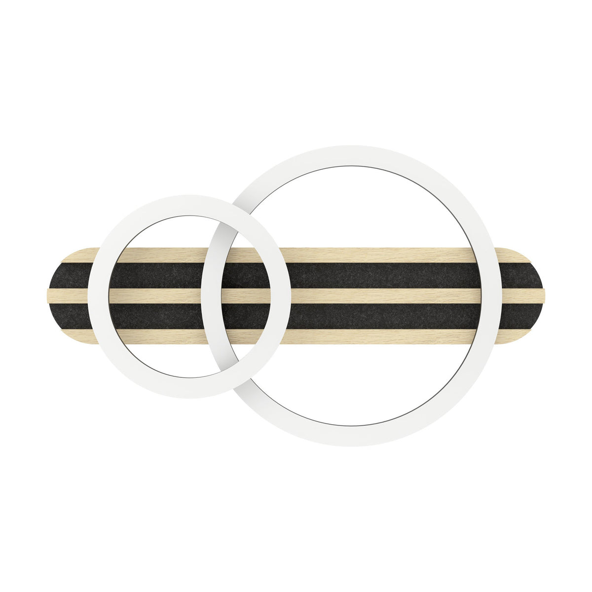 Cembrano LED Flush Ceiling Light 50cm in Black & Natural, with two overlapping white rings and a slatted bar of natural wood and black felt, shown on a plain white background.