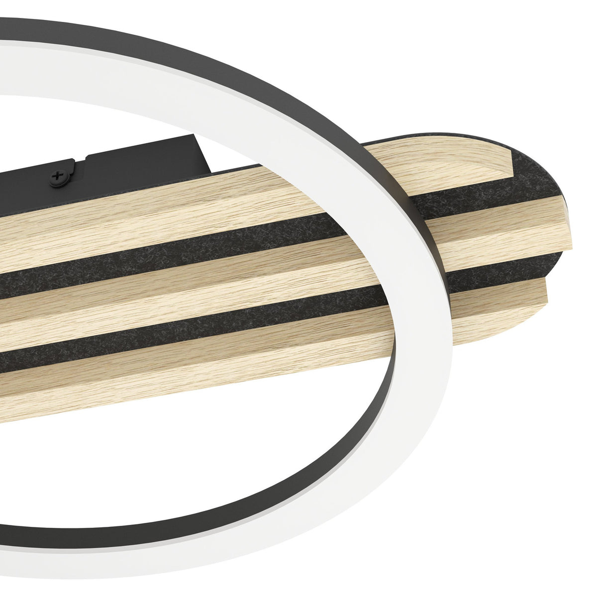 Close-up of the Cembrano LED flush ceiling light, 50cm, showing overlapping black-edged white rings around a slatted natural wood and black felt bar, on a plain white background.