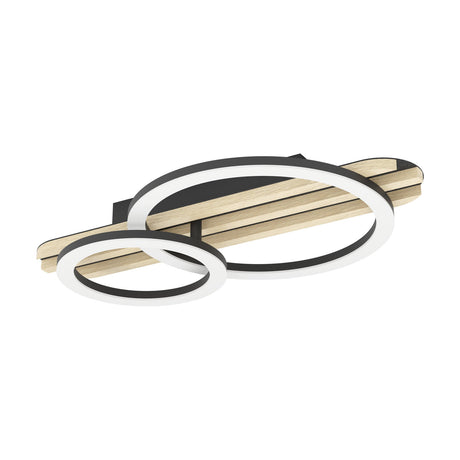 Cembrano 50cm LED flush ceiling light in black and natural wood, with two overlapping rings, white diffuser faces, and a slatted wood and black felt bar.