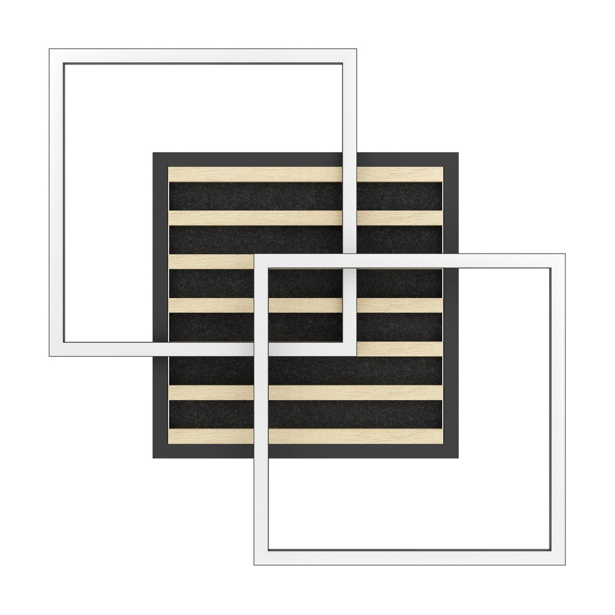 Cembrano LED Flush Ceiling Light 53cm in black and natural, with two overlapping white square frames crossing a black panel of wood slats and black felt strips, shown on a plain white background.