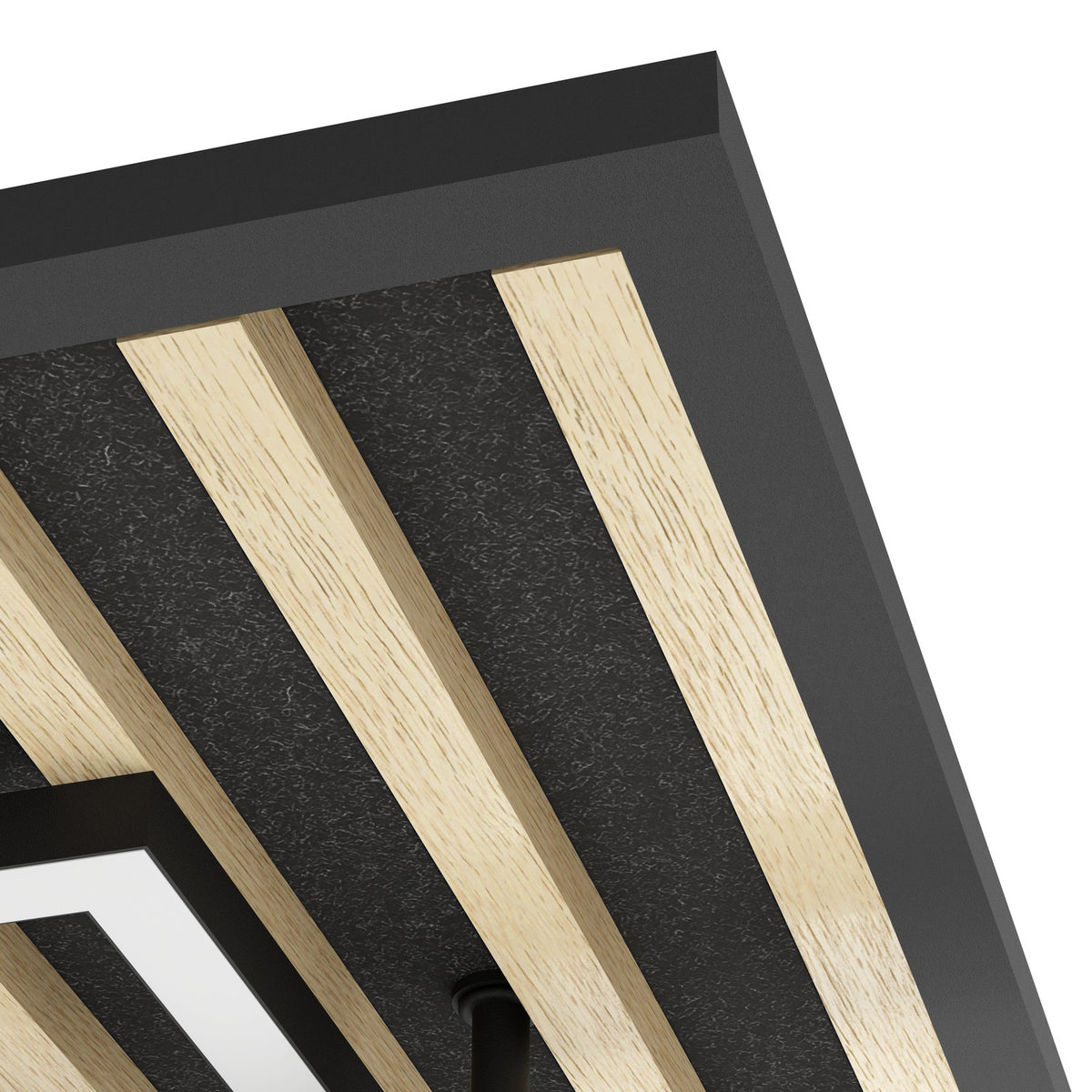 Close-up corner view of the Cembrano square LED flush ceiling light, showing black frame edges, natural wood slats, and black felt strips, with a white LED diffuser visible below.