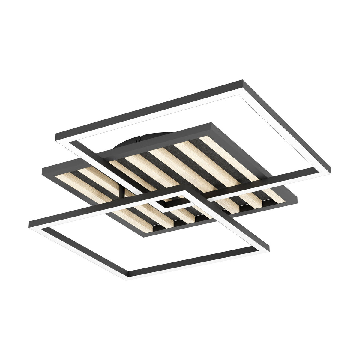 Cembrano LED flush ceiling light, 53cm square, with two overlapping black frames and white diffusers crossing a black panel of natural wood slats and black felt strips, on a plain white background.