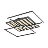 Cembrano LED flush ceiling light, 53cm square, with two overlapping black frames and white diffusers crossing a black panel of natural wood slats and black felt strips, on a plain white background.