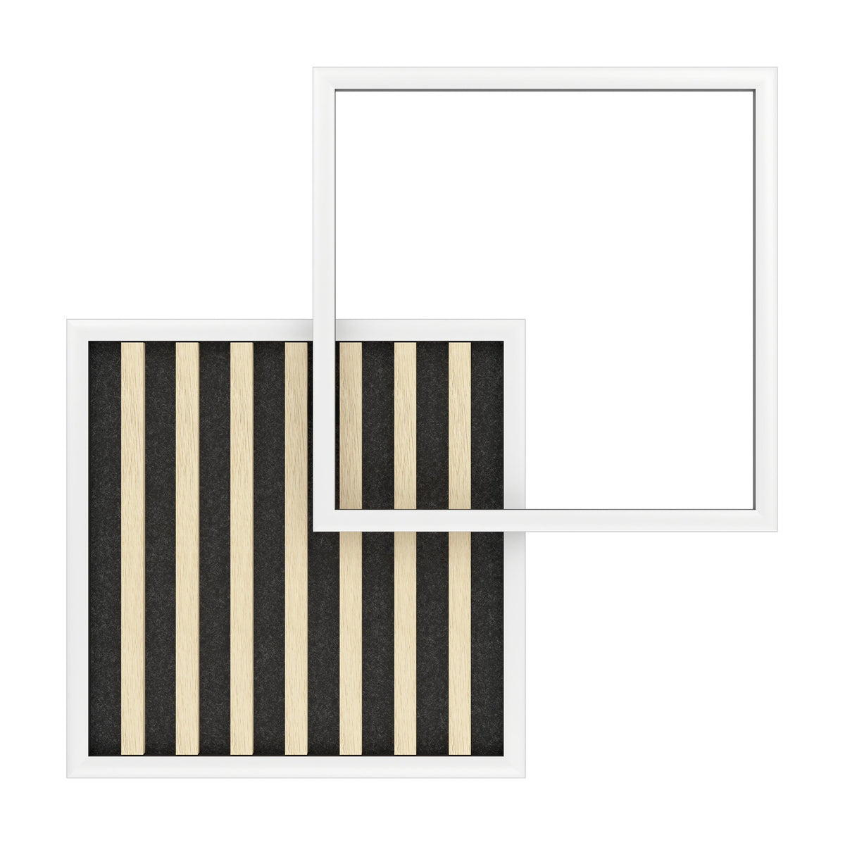 Cembrano LED Flush Ceiling Light featuring two offset square white frames, one open and one filled with natural wood slats over black felt, shown on a plain background.