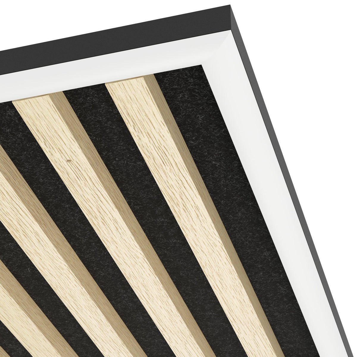 Close-up of the Cembrano LED flush ceiling light's corner, showing black frame edges, white plastic diffuser trim, and natural wooden slats over black felt backing.